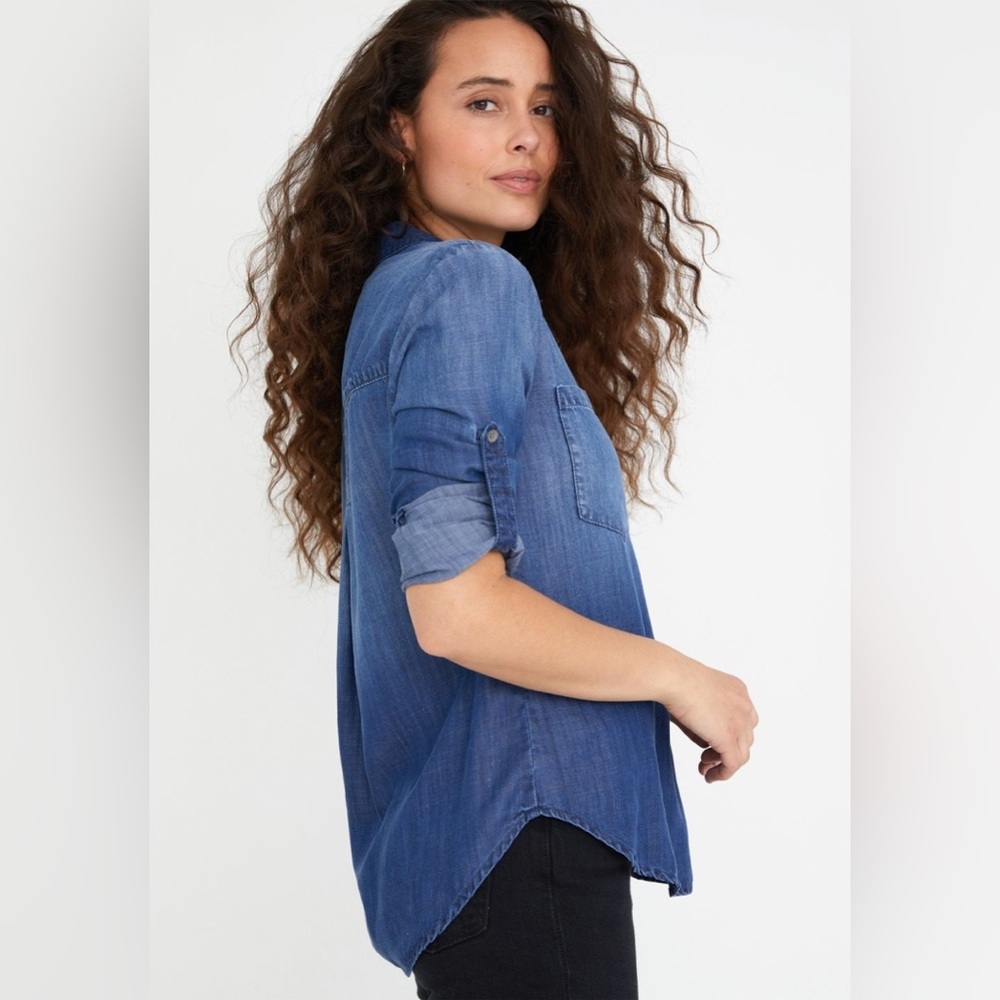 Bella Dahl Roll-tab Sleeve Button Placket Tencel Denim Dark Wash Ombre Size L